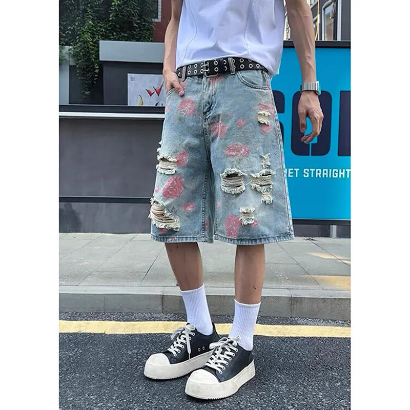 Mens Flower Print Y2k Baggy Ripped Jeans Harajuku Vintage Denim Trousers Japanese 2000s Blue Short Jeans Pants Oversize Clothes 250616