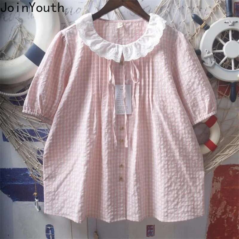 Japanese Blouses for Women Lace Peter Pan Collar Short Sleeve Shirts Loose Summer Bandage Plaid Blouse Tops Camisas De Mujer
