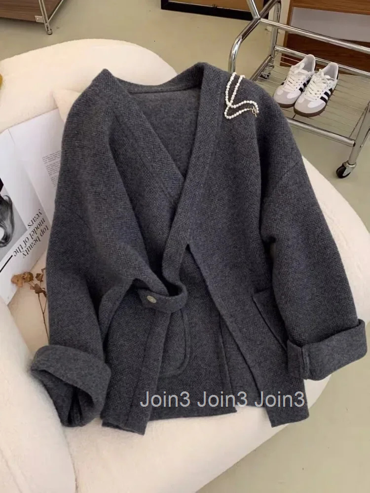 Fall Winter Clothing V-neck Knitted Cardigan Jackets Women Bandage Fashion Pull Femme 2025 Ropa Mujer Vintage Cropped Sweater