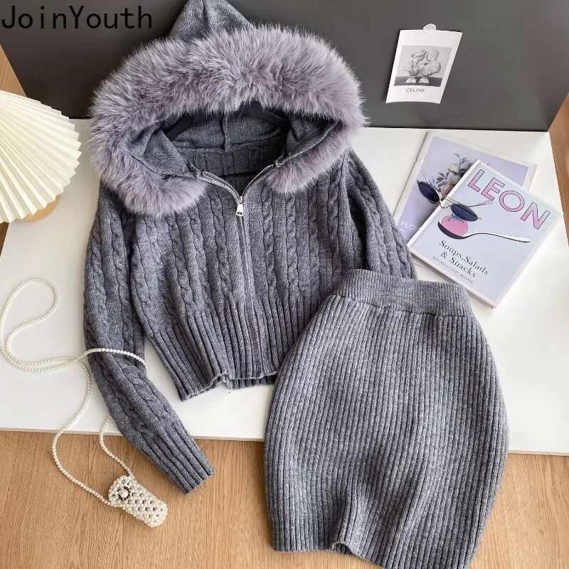 Korean Two Piece Sets 2025 Women Clothing Hooded Ribbed Cropped Cardigan High Waist Mini Bodycon Skirt Outfits Chic Casual Suit
