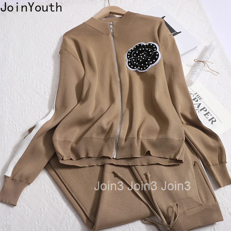 Two Piece Sets Womens Outfits Temperament Knitted Clothing Beading Zipper Cardiagn Straight Wide Leg Pants Outfits Fashion Suit