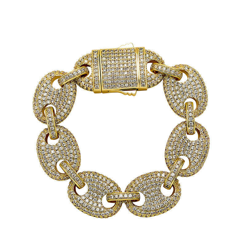 Hip Hop 18mm Large Gold Street Style Exaggerated Cuban Chain Full Dia Pig Nose Spliced Necklace Bracelet