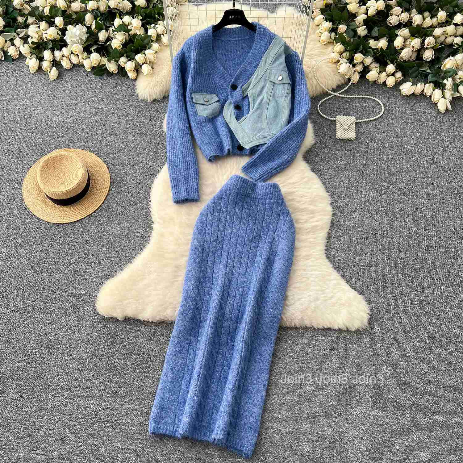 Korean Clothing Knitted Two Piece Sets for Women Patchwork Denim Cardigan Coat High Waist Bodycon Skirt Outfits Chic Casual Suit
