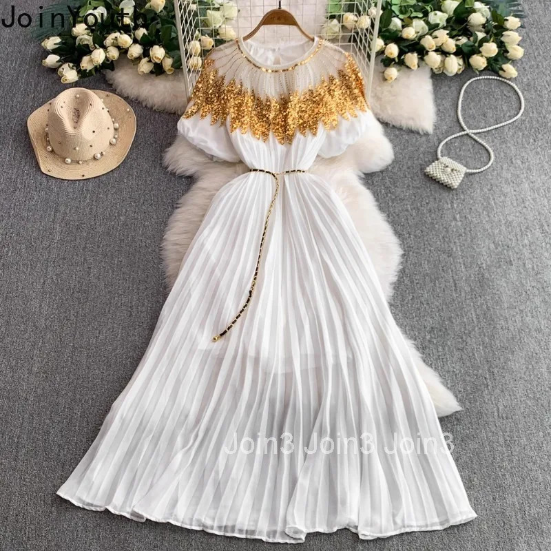Temperament Robe Femme Heavy Sequin Summer Dresses Women Clothing 2025 Vestidos De Mujer O-neck Short Sleeve Pleated Maxi Dress