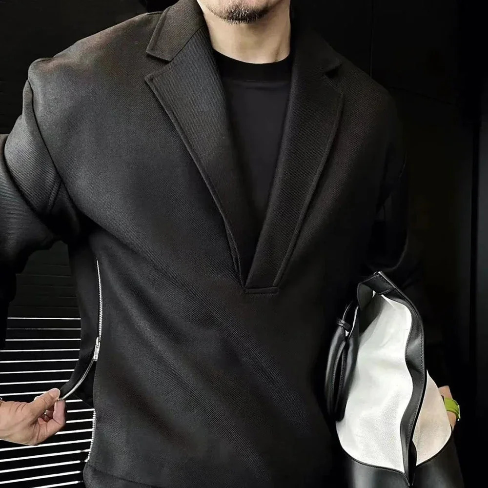 Mens Casual Two-Piece Suit Spring Autumn Casual Double-Sided Zipper Suit Fashion Retro Solid Color V-Neck Loose Suit 250619