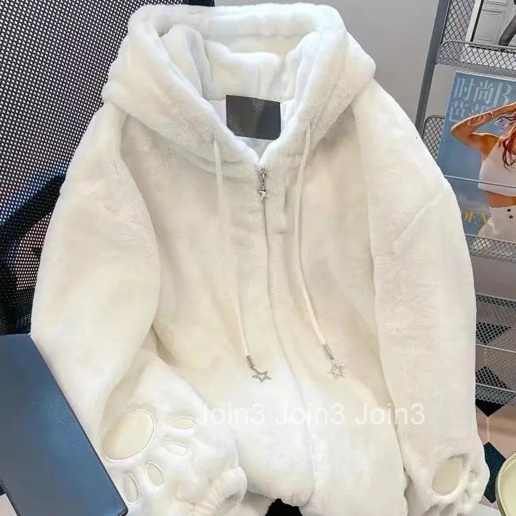 Winter Women Clothing Japanese Cute Jackets Hooded Rabbit Ear Zipper Thicked Warm Outwear Y2k Tops Fashion Sweet Furry Coats