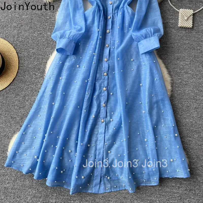 Vintage Robe Femme Heavy Beading Lapel Neck Maxi Dresses Sexy Bandage Slim Waist Bottoming Camisole Dress Women Two Piece Sets