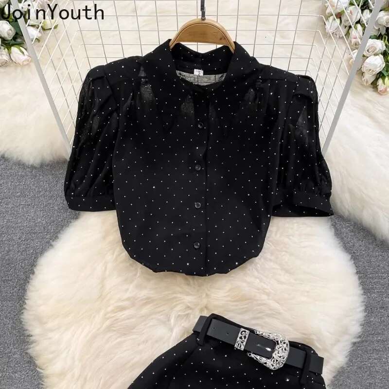 Temperament Women Clothing 2 Piece Set Polka Dot Chiffon Shirt High Waist Tunic Bodycon Skirt Outfits Roupas Femme Summer Suit