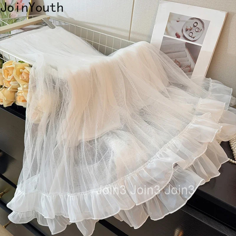 2025 Faldas Mujer De Moda Sweet Skirts Womens Clothing High Waist A-line Jupe Fashion Korean Saia Gauze Ruffles Pleated Skirt
