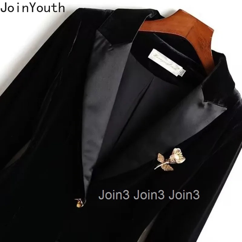 Temperament Jackets Womens Clothes Office Lady Black Velvet Tops 2025 Ropa Mujer Vintage Korean Outwear Slim Fit Chic Coats