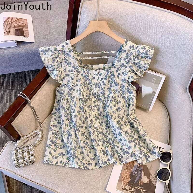 Korean Sweet Women Shirt Square Collar Flying Sleeve Blouses Crop Tops Ruffles Floral Summer Blouse 2025 Camisas De Mujer 27x451