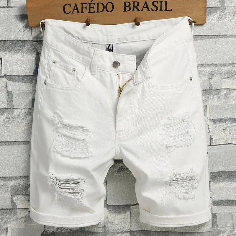 Mens Denim Shorts Summer Y2k Streetwear Ripped Casual Denim Knee Length Solid Jeans Shorts White Classic Jeans Shorts 250616