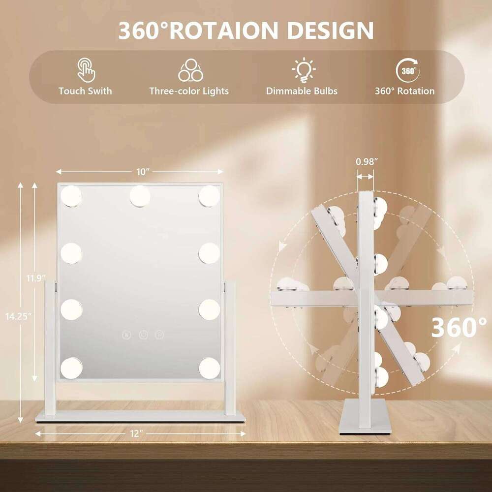 Vanity Lights Hollywood Makeup Mirror With 9 LED Bulbs 3 Color Lighting 360°Rotation For Dressing Room & Bedroom