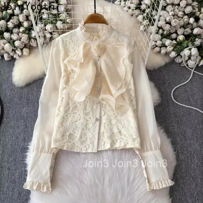 2025 Camisas De Mujer Lace Blouses for Women Stand Neck 3D Floral Shirts Temperament Lady Tops Sweet Ruffles Vintage Chic Blouse
