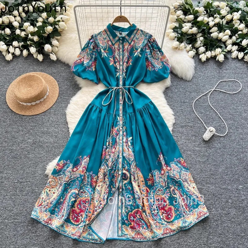 2025 Vestidos De Mujer Floral Short Sleeve Dresses Women Slim Waist Single Breasted A-line Robe Femme Vintage Summer Maxi Dress