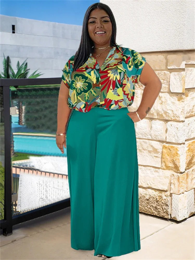 Wmstar Plus Size Two Piece Sets Women Clothing Printed T-shirts Tops and Solid Pants Wide Leg Pockets Wholesale Dropshopping 250617
