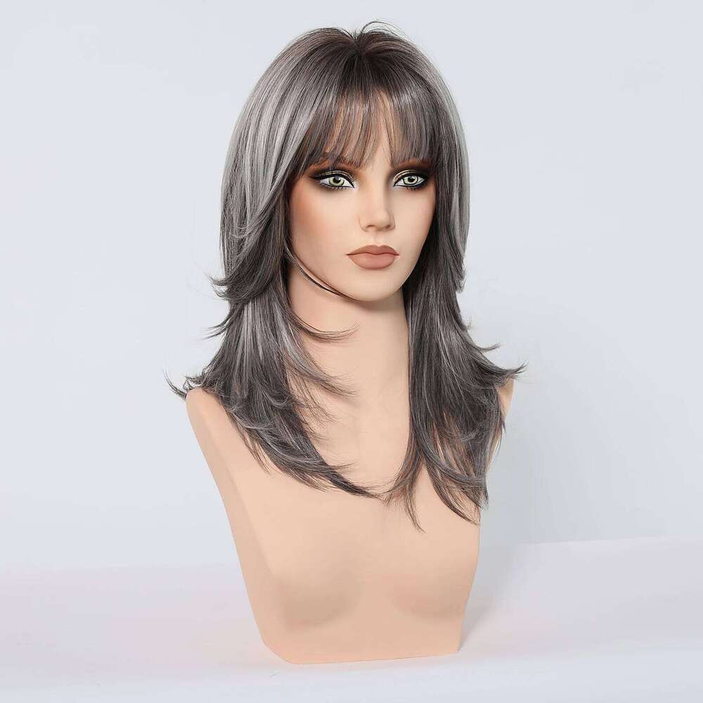 Medium Length Straight Gray Layered Synthetic Wigs With Bangs For Women Party Cosplay Natural Heat Resistant Fake Hair