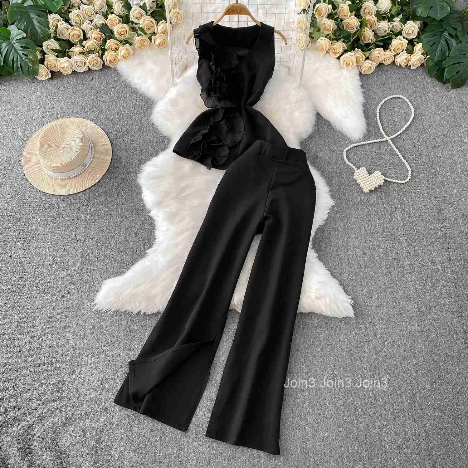 Fashion 2 Piece Set Women Clothing Sleeveless V-neck Ruffles Vest High Waist Wide Leg Pants Suit Temperament Korean Summer Suit
