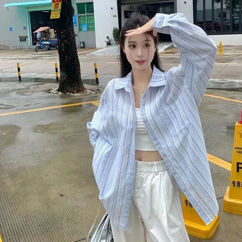 Pink Striped Shirt Women Korean Style Loose Long Sleeved Button Up Blouse Ladies Autumn Wild Streetwear Casual Shirts 250616