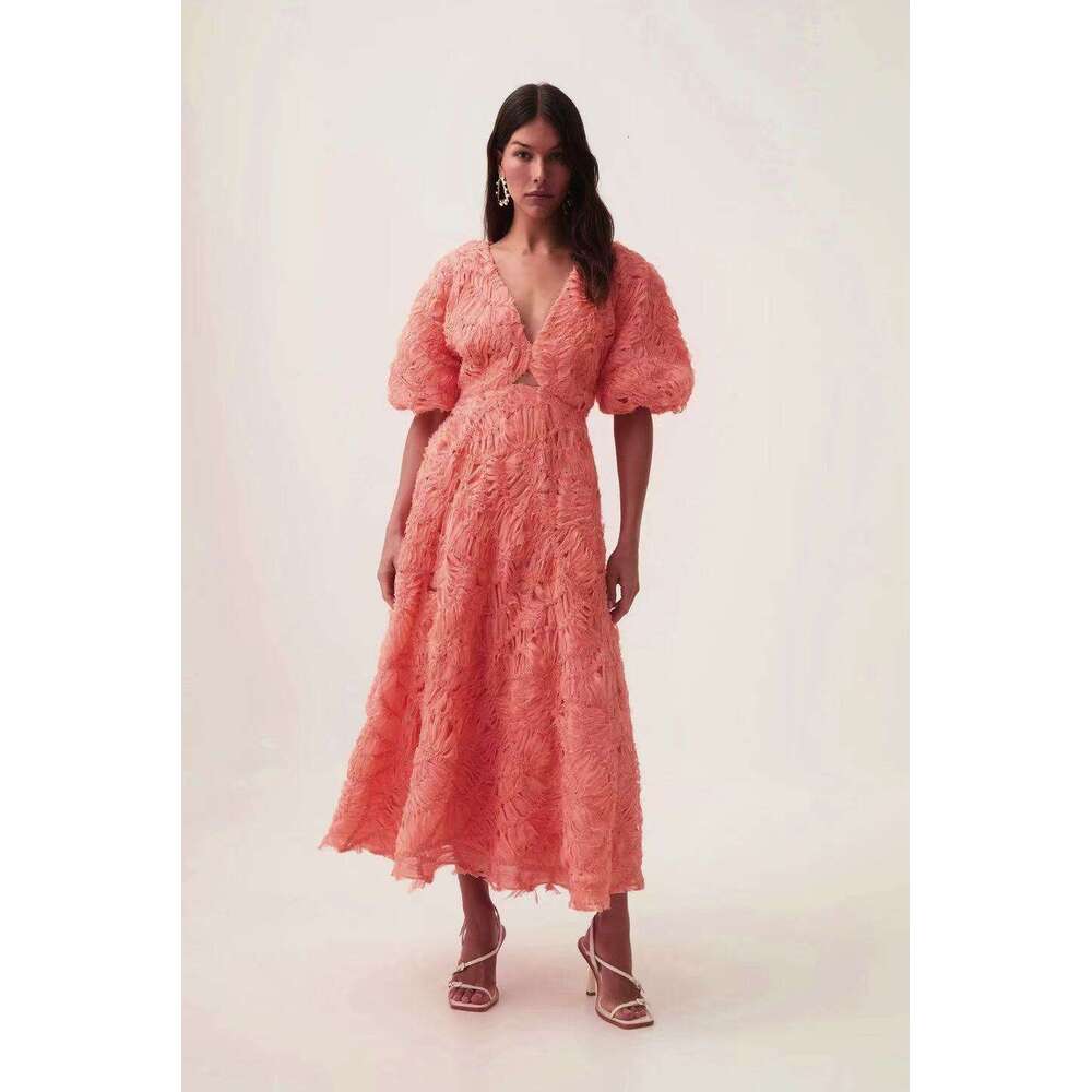 White Skirt Maxi Skirt Australia Spring New V Neck Puff Sleeve Hollow Out Solid Color Long Dress For Women Long Skirt