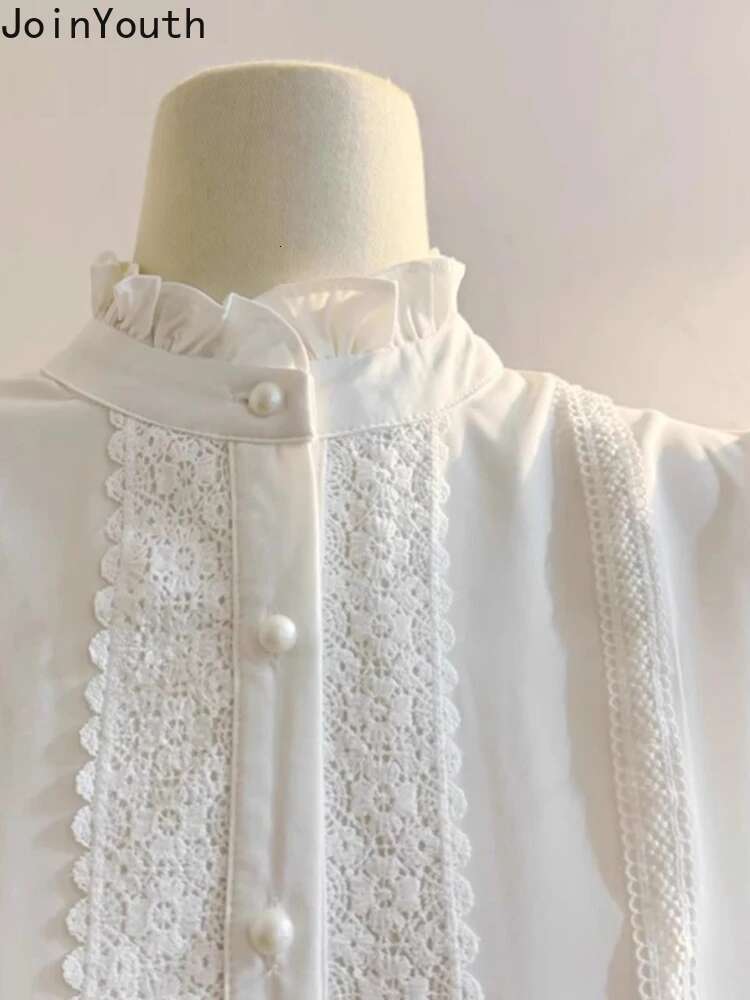 Temperament Lady Tops White Women Blouses Stand Neck Lace Ruffles Shirts 2025 Blusas Mujer De Moda Lantern Sleeve Vintage Blouse
