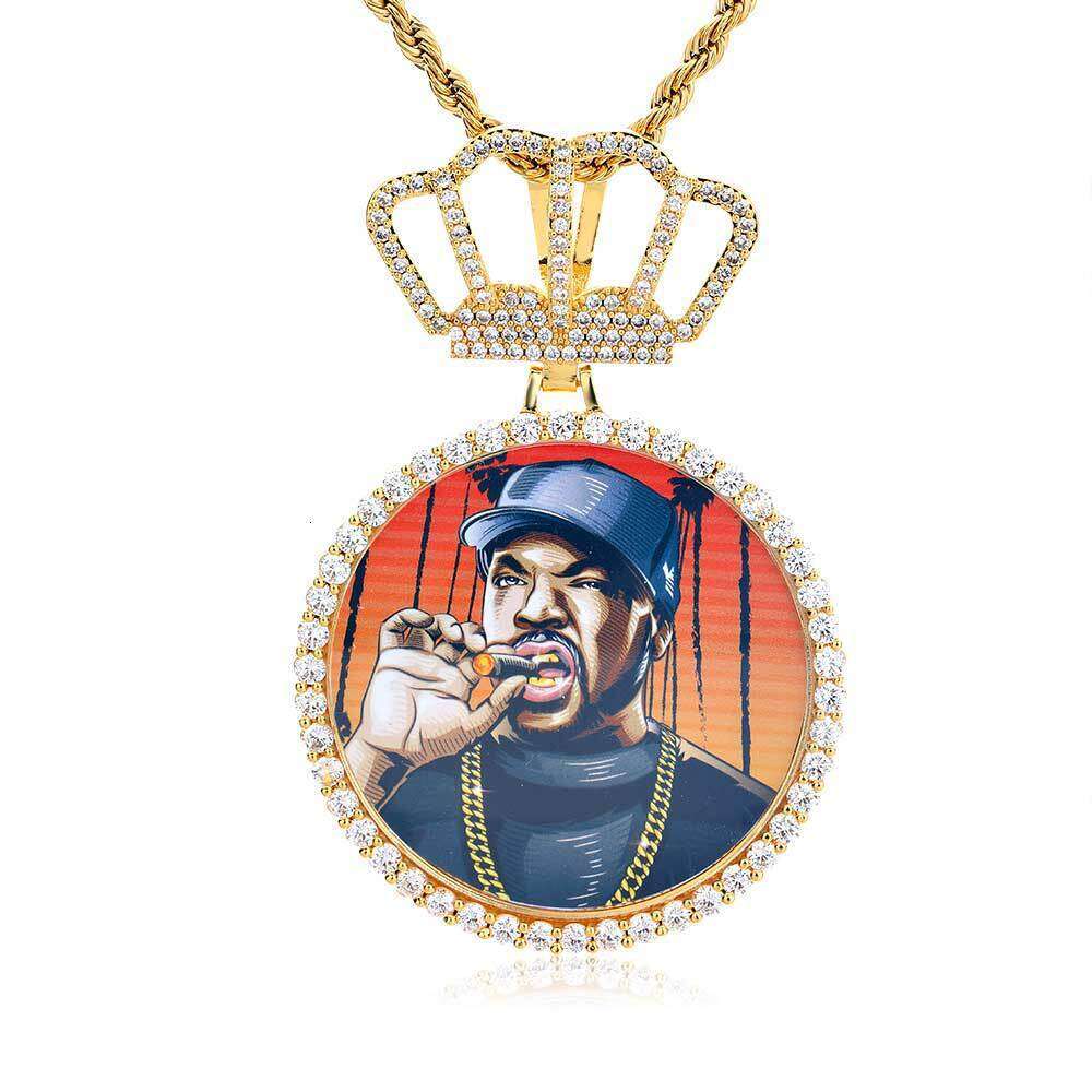 Hip Hop Crown Large Round Personality Pendant DIY Creative Photo Frame Zircon Men's Necklace a680