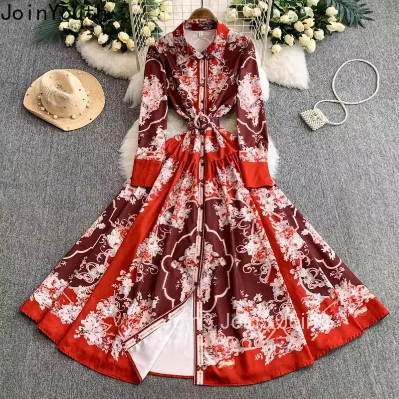 Maxi Dresses Women Clothing 2025 Vestidos De Mujer Single Breasted Floral Big Swing Robe Femme High Waist Vintage Summer Dress