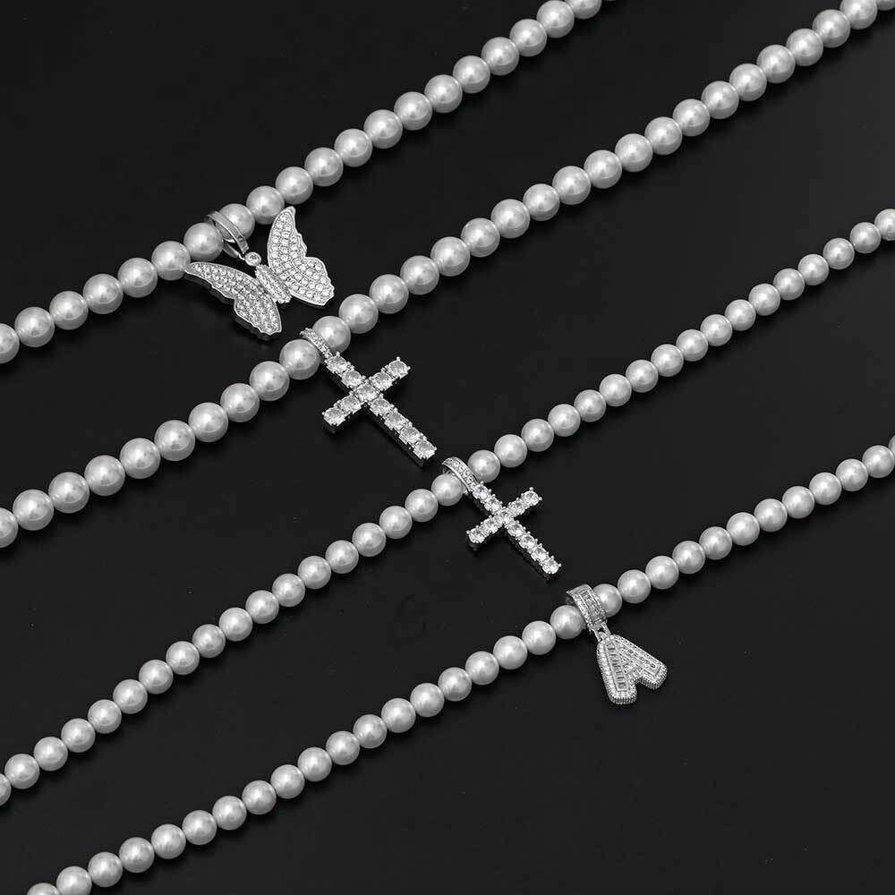 Hip Hop 8mm-10mm Unisex Pearl Simple Matching Cross Butterfly Letter Pendant Necklace 567a