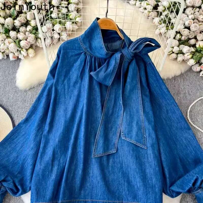 2025 Camisas De Mujer Denim Blouse Womens Clothing Temperament Lady Tops Bandage Bow Loose Fashion Casual Shirts Blouses 63b445