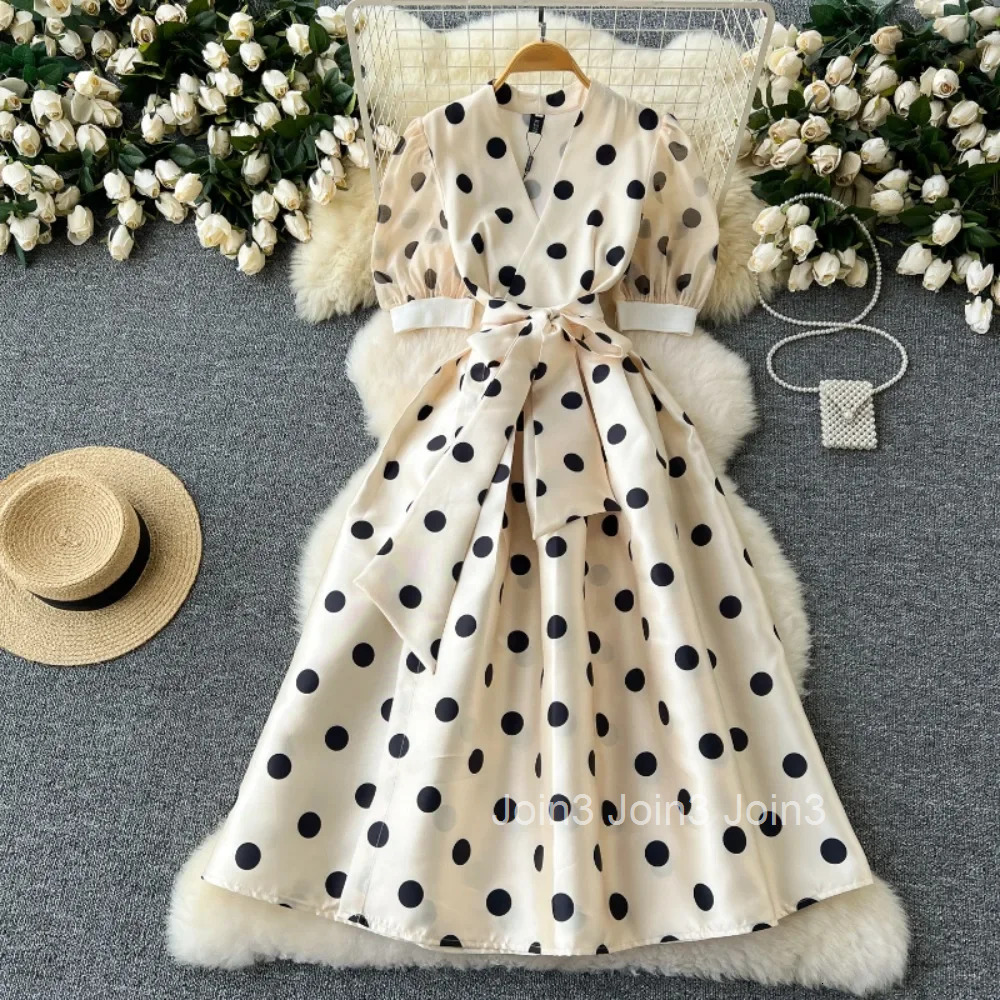 Summer Dress Women V Neck Puff Sleeve Robe Bandage Slim Waist Vestidos De Mujer Big Swing Polka Dot Vintage Maxi Dresses 7o040