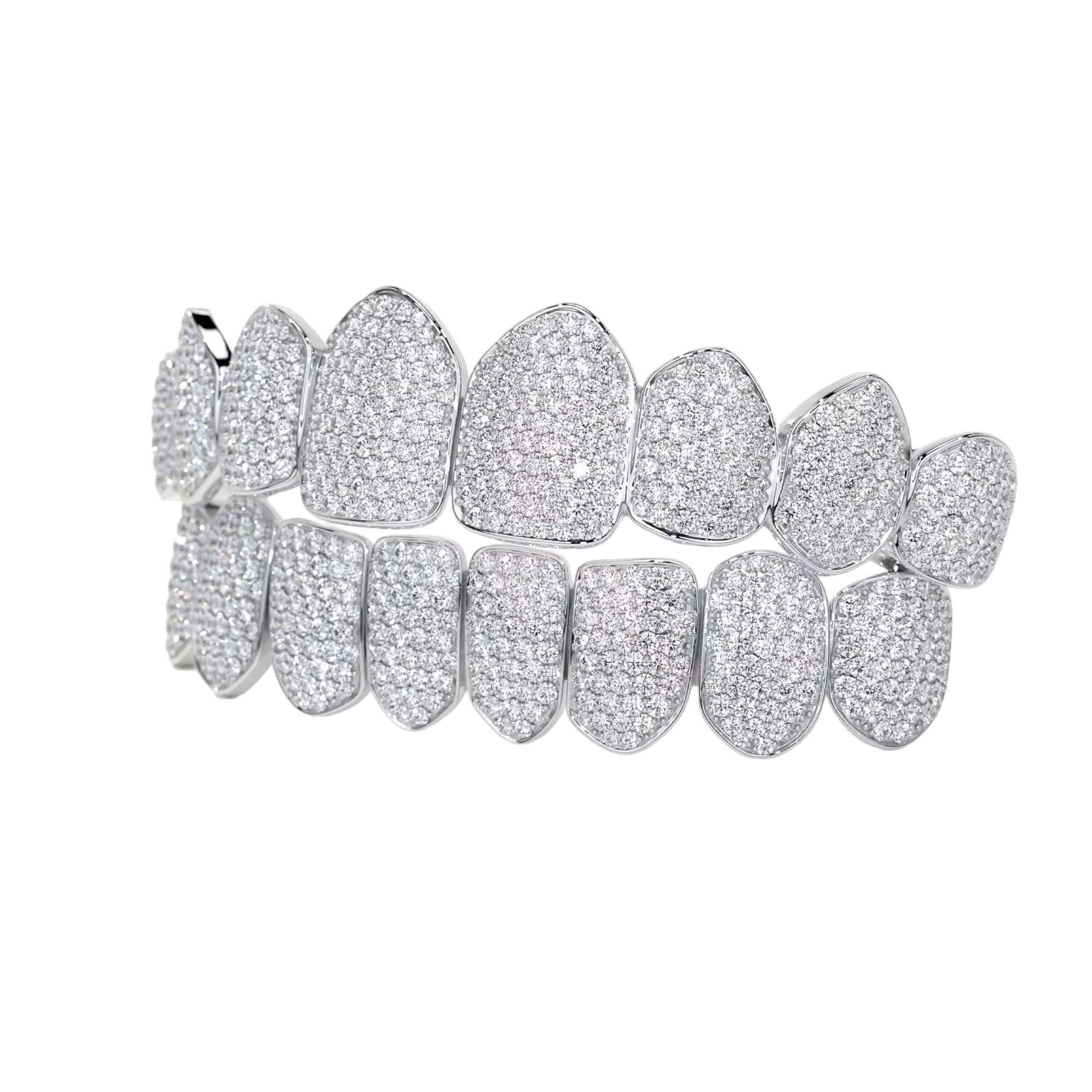 Mens Hip Hop Custom 925 Silver Teeth Grillz Iced Out Moissanite Diamond Grillz Teeth on White Gold Chain Best Price Jewelry