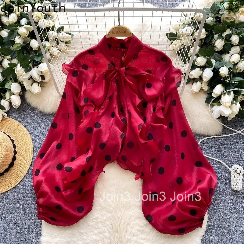 Vintage Blouse for Women 2025 Blusas Mujer De Moda Bandage Bow Lantern Sleeve Polka Dot Shirts Ruffles Chic Summer Blouses Tops