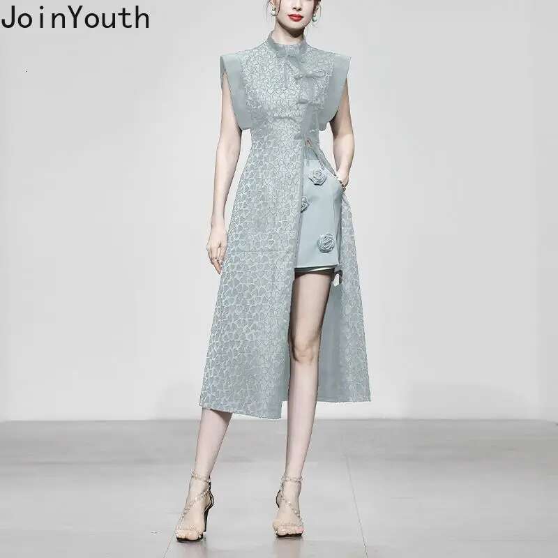Temperament Women Clothing 2 Piece Sets Stand Neck Vintage Tunic Dress 3D Floral Shorts Outfits Roupas Femme Chic Summer Suit