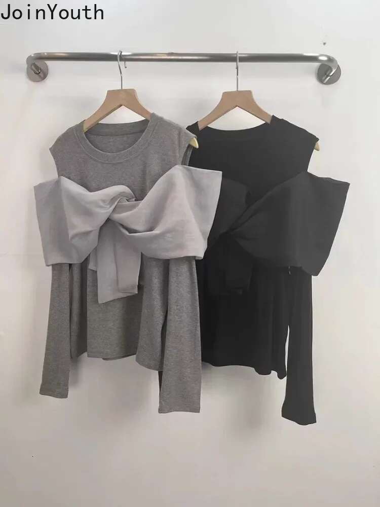 Fashion Woman Tshirts Patchwork Gauze Bow Long Sleeve Tees 2025 Ropa Mujer O-neck Off Shoulder Casual Tops Sexy Y2k T-shirt