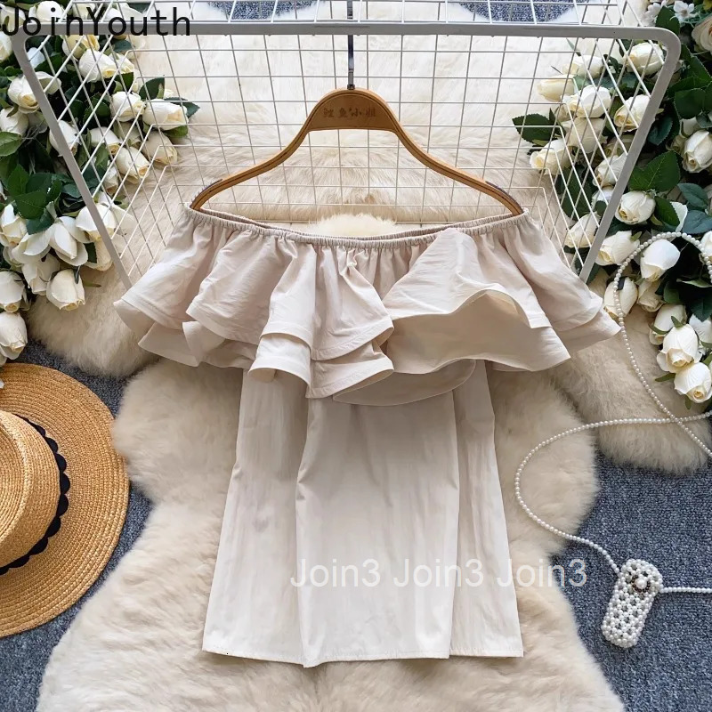 Sweet Blouse for Womens Slash Neck Ruffles Slash Neck Sexy Shirts Off Shoulder Summer Blouse Tops 2025 Blusas Mujer De Moda