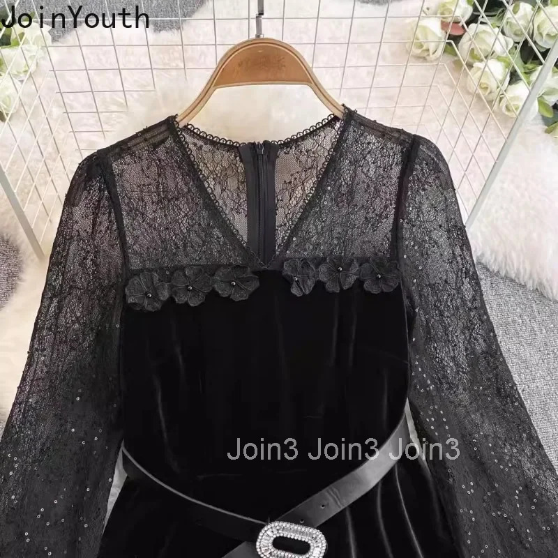 Vintage Dresses Autumn Women Clothing Patchwork Gauze Velvet Robe Femme 2025 Vestidos De Mujer V-neck Black Temperament Dress