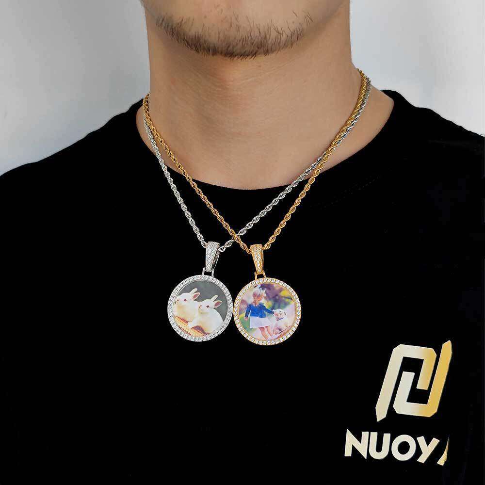 New Small Round Pendant Micro Paved Zircon Trendy Hip Hop Photo Frame Men's Necklace 1d99