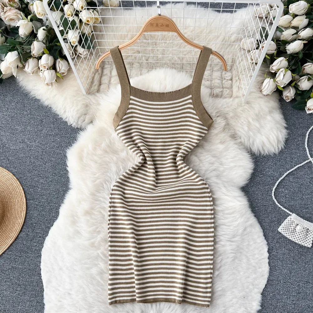 Summer Knit Beach Dress Ladies Spaghetti Strap Backless Slim Elastic Sundress Fashion Korean Striped Short Mini Sexy 250616