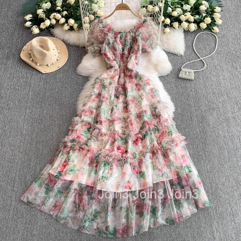 Temperament Robe Femme Summer Maxi Dresses Women 2025 Vestidos De Mujer Stand Neck Slim Waist Floral Folds Gauze Ruffles Dress
