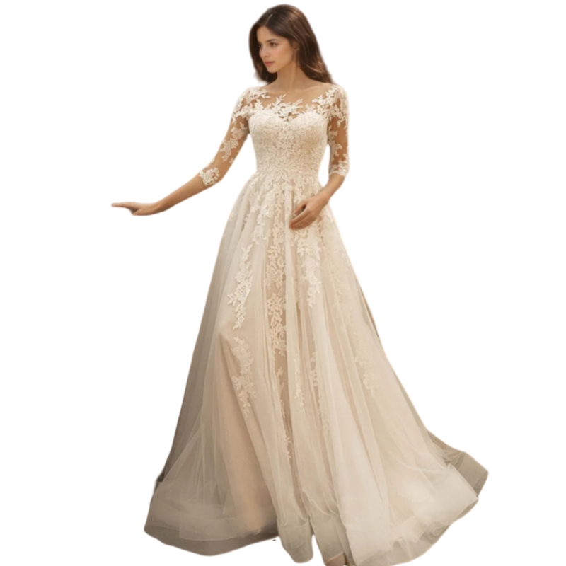Elegant Lace A-Line Wedding Dresses Sweep Train Appliques Half Sleeves Long Bridal Gown Vintage Country Bride Dress Vestido De Novia