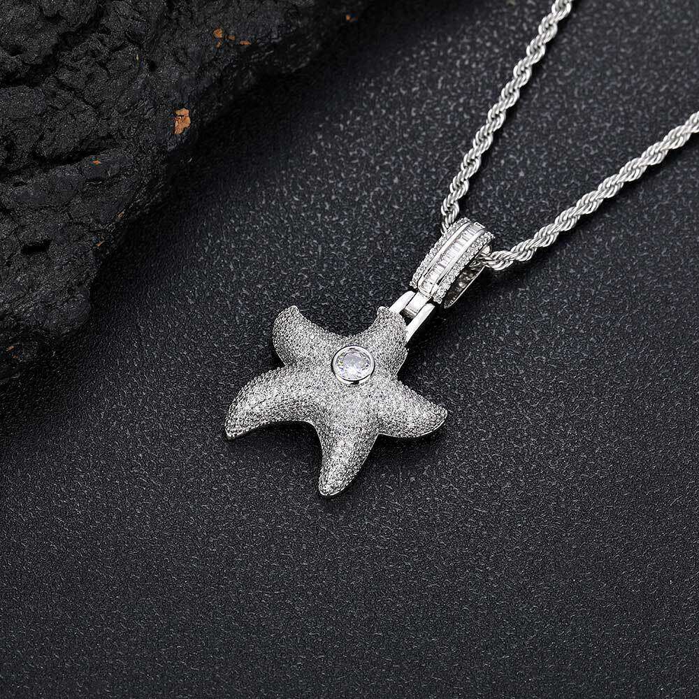 Hip Hop Micro Paved Zircon Pentagram Trendy Brand Personality Full Dia Starfish Pendant Men's Necklace 6c13