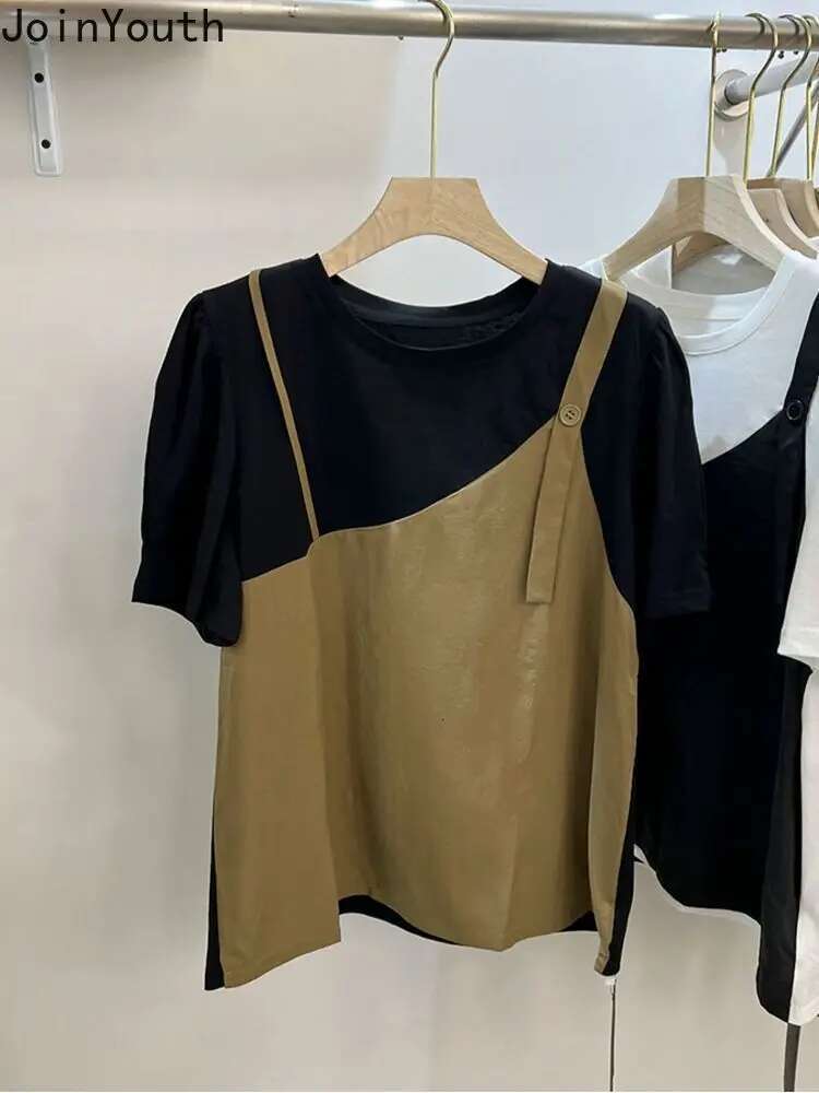 Women Clothes Oversized Woman Tshirts Patchwork Contrast Color Fake Two Tees 2025 Ropa Mujer Casual Fashion Vintage T-shirts