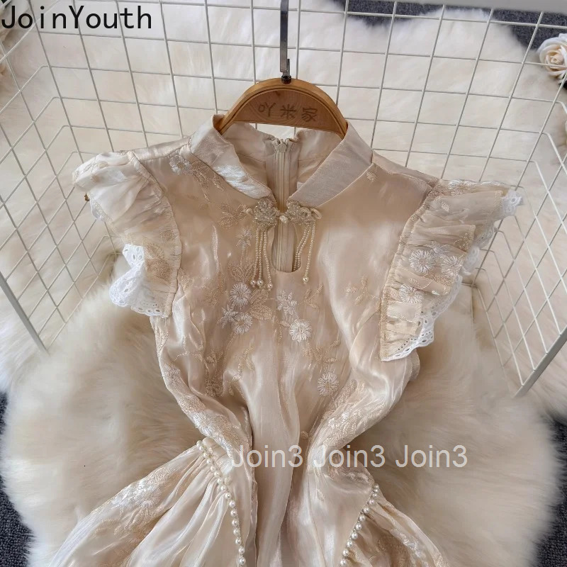 Vintage Womens Dress Heavy Beading Embroidery Vestidos Mujer Temperament Flying Sleeve Robe Femme Chic Beading Summer Dresses