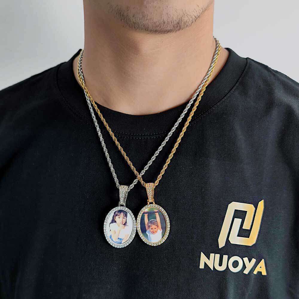Memory DIY Commemorative Oval Necklace Micro Paved Zircon Trendy Personality Hip Hop Photo Frame Pendant 0fdc