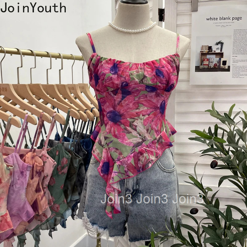 Irregular Tie Dye Printed Mesh Camisole Vest Women Clothing Sexy Tees Sleeveless Tunic Summer Camis Crop Tops Korean Chic Tanks