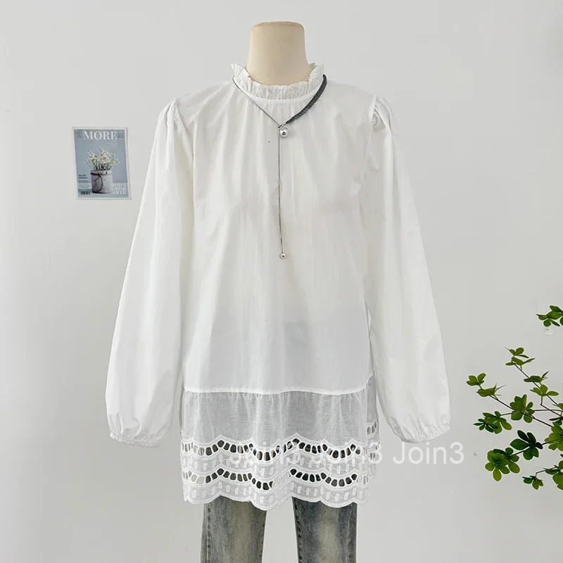 Women Clothing Oversized Blouses 2025 Camisas De Mujer Hollow Out Puff Sleeve O-neck Shirts Ruffles Fashion White Blouse Tops