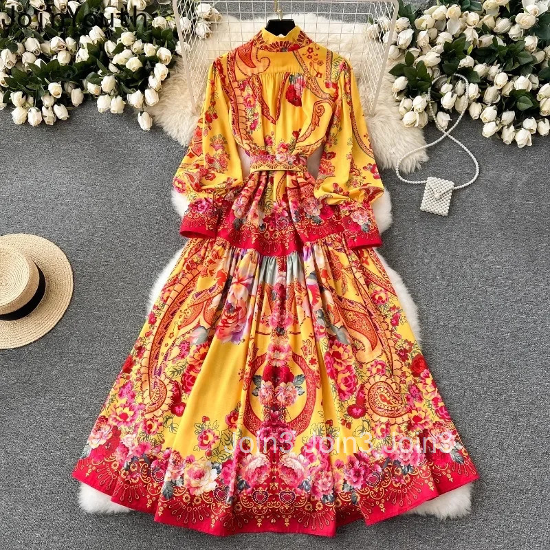 Korean Woman Dress Floral Lantern Sleeve High Waist Robe Femme 2025 Vestidos De Mujer Belt Big Swing Summer Vintage Maxi Dresses