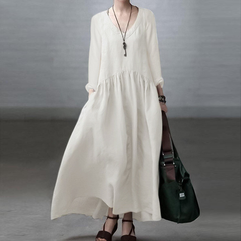B622Spring and Autumn Fashion Long Sleeve V-neck Elegant Vest Dress Women's Casual Solid Color Loose Long Dress