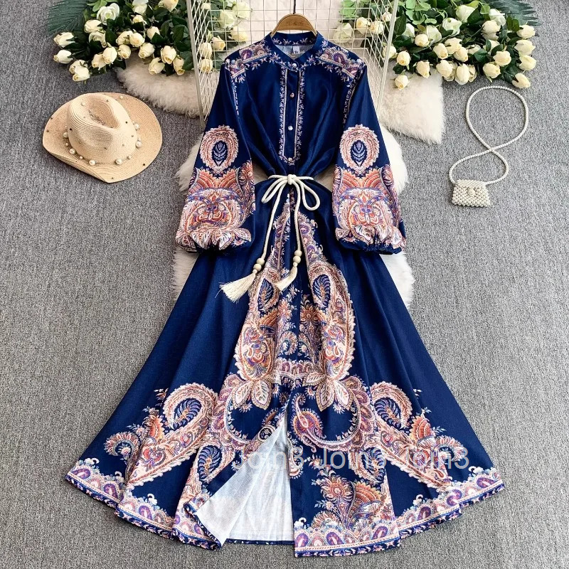 Vintage Womens Dress Stand Neck Lantern Sleeve Slim Waist Floral Robe Femme 2025 Vestidos De Mujer Chic Summer Maxi Dresses