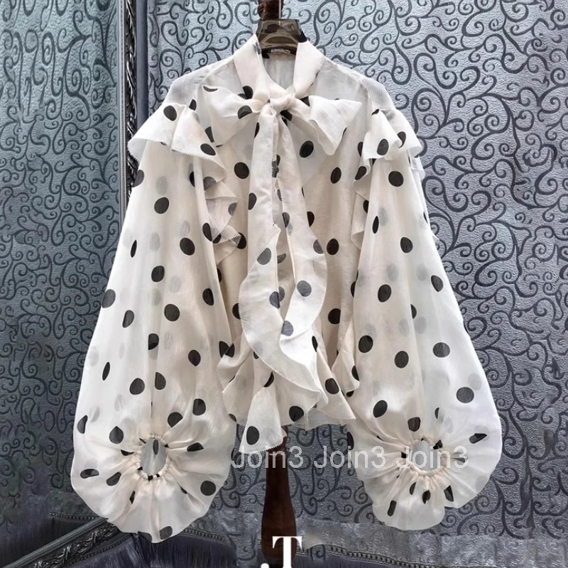 Polka Dot Blouse for Women Bandage Long Sleeve Temperament Tops Chic Oversized Shirts 2025 Blusas Mujer De Moda Vintage Blouses